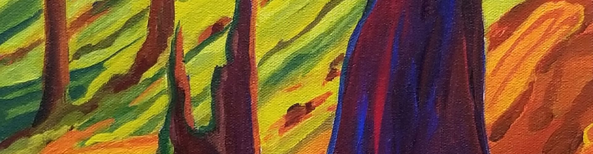 An illustration of a forest with a burnt tree by Linda Lovisa.