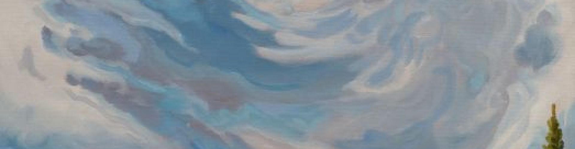 A painting of a landscape with a storm in the sky by Linda Lovisa.