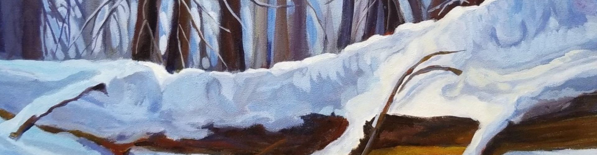An acrylic pain of trees covered in snow.
