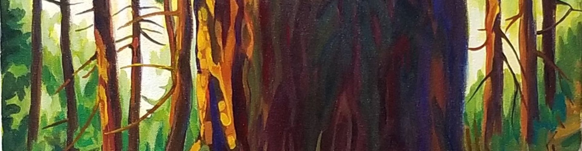 Acrylic paint of a big tree in the woods, the other threes around it are small and thin.