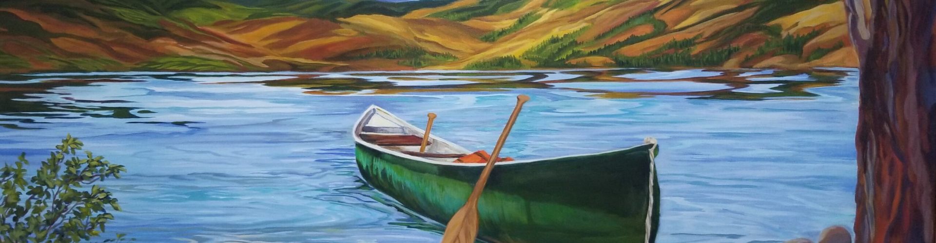 The Landing painting of a little beach in the Okanagan with a canoe pulled in by Linda Lovisa