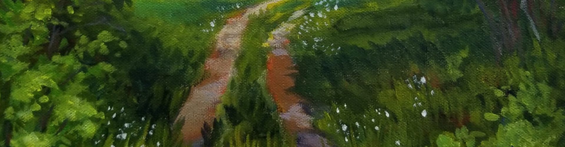 Forestry Road painting by Linda Lovisa painted in green, brown, blue, and white acrylic showing a forestry road with trees on both sides