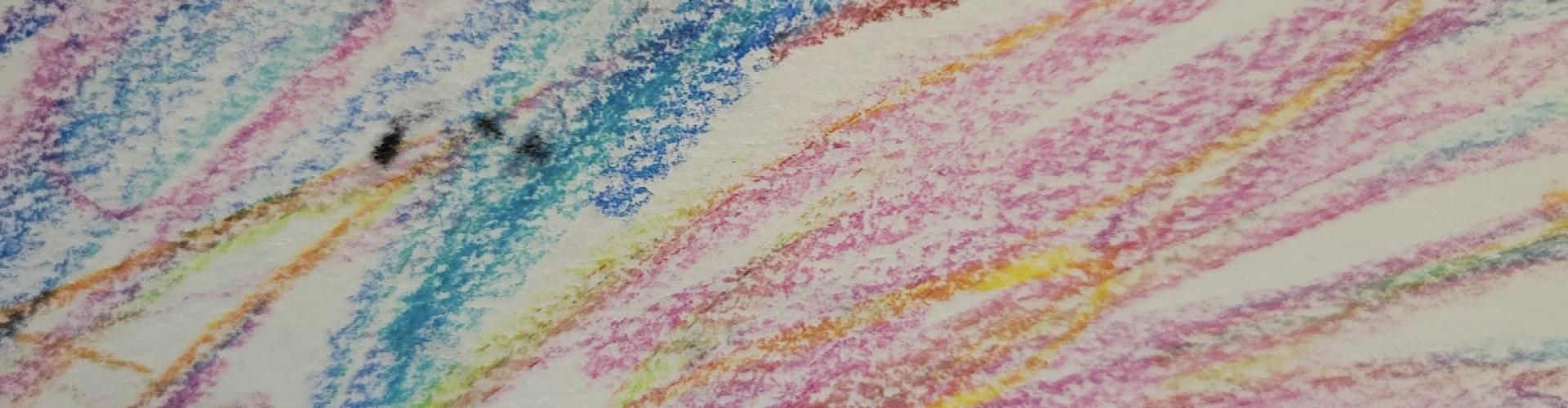 A doodle done with bright coloured pencils in pink, yellow, blue, purple, and red, a scribble art piece from Linda Lovisa art studio