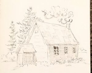 A drawing of Linda Lovisa of a house with trees beside it.