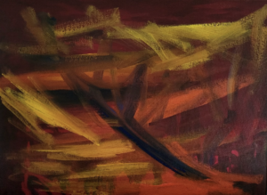 A doodling piece done with orange, yellow, black and brown colours that evokes an autumnal feel, from a Linda Lovisa class