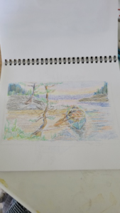 A doodle of a point on a river with two trees on the river bank, done with coloured pencil, and shaded with soft colours of green, yellow, and blue, a piece by Linda Lovisa