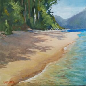 Slocan Lake Beach painting by Linda Lovisa